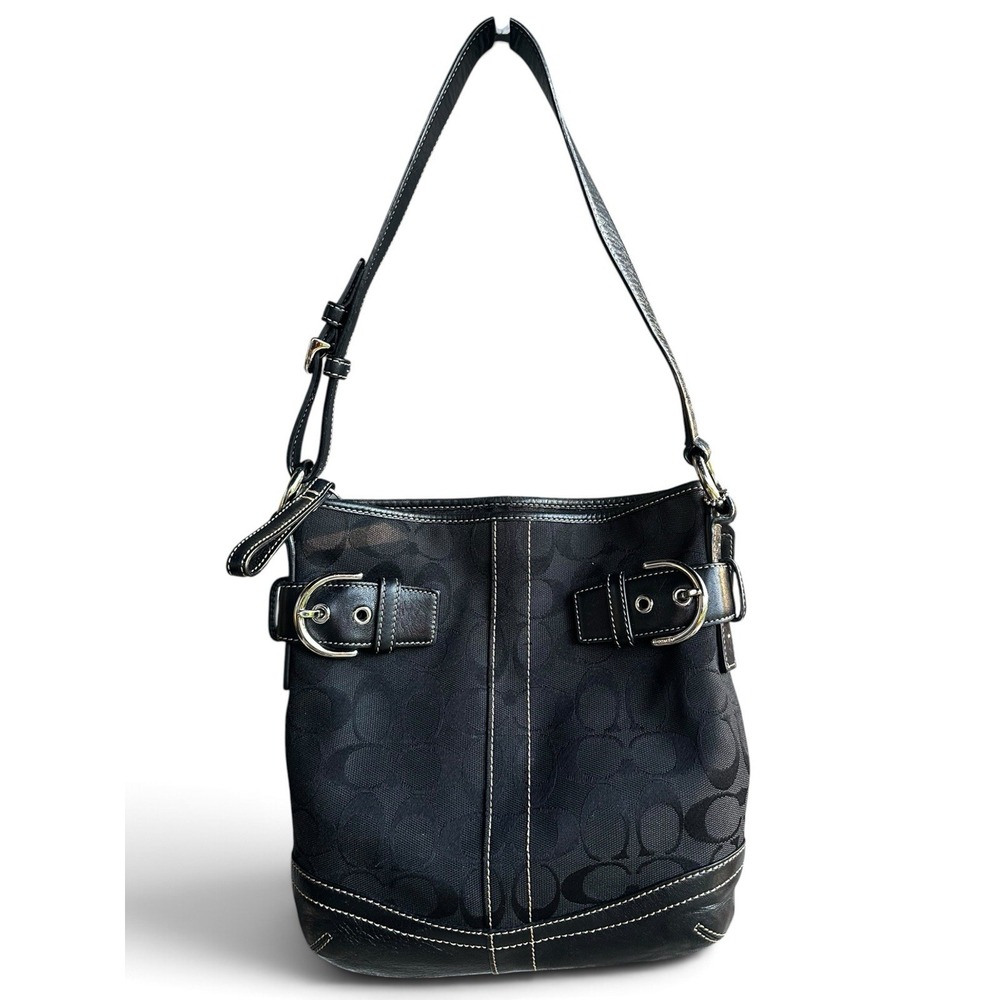 Vintage COACH Slim Duffle Shoulder Bag 3577 Black Signature Canvas & Leather